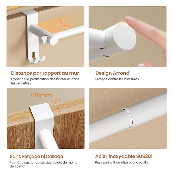 EMKE - EMKE Porte-serviettes extensible blanc en acier inoxydable SUS201, support télescopique réglable 400–635 mm, 100 × 100 × 630 mm - large