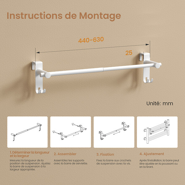 EMKE - EMKE Porte-serviettes extensible blanc en acier inoxydable SUS201, support télescopique réglable 400–635 mm, 100 × 100 × 630 mm - large