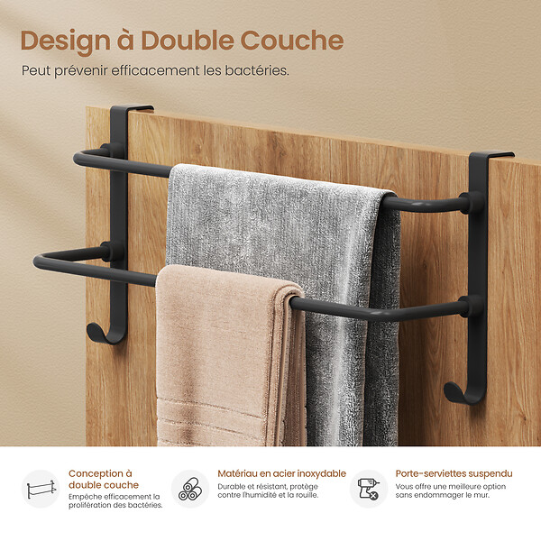 EMKE - EMKE Porte-serviettes double barre noir, support salle de bain avec crochets, acier inoxydable SUS201, 410 × 180 × 124 mm - large