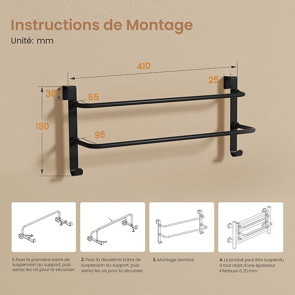 EMKE - EMKE Porte-serviettes double barre noir, support salle de bain avec crochets, acier inoxydable SUS201, 410 × 180 × 124 mm - large