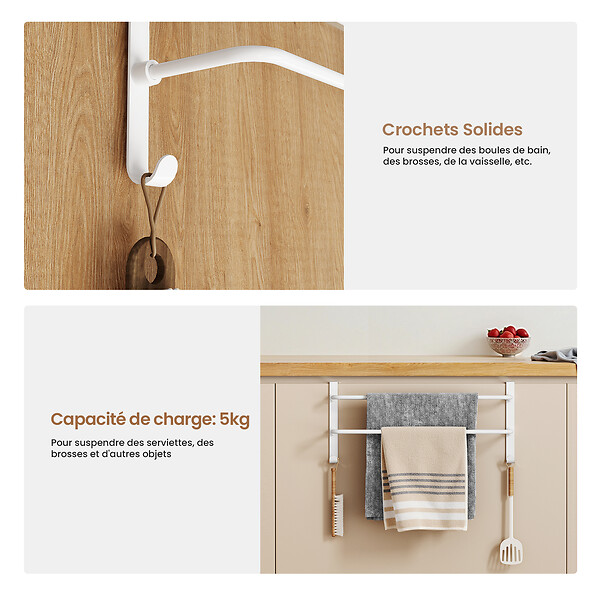 EMKE - EMKE Porte-serviettes double barre blanc mat, support salle de bain avec crochets, acier inoxydable SUS201, 410 × 180 × 124 mm - large