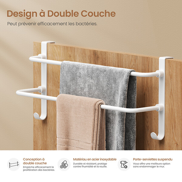 EMKE - EMKE Porte-serviettes double barre blanc mat, support salle de bain avec crochets, acier inoxydable SUS201, 410 × 180 × 124 mm - large