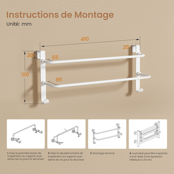 EMKE - EMKE Porte-serviettes double barre blanc mat, support salle de bain avec crochets, acier inoxydable SUS201, 410 × 180 × 124 mm - large