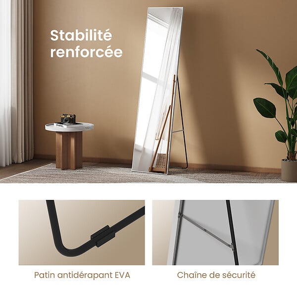 EMKE - Miroir Intégral EMKE avec Cadre en Alliage d’Aluminium – 160 x 40 cm, Argenté, Usage Autoportant - large