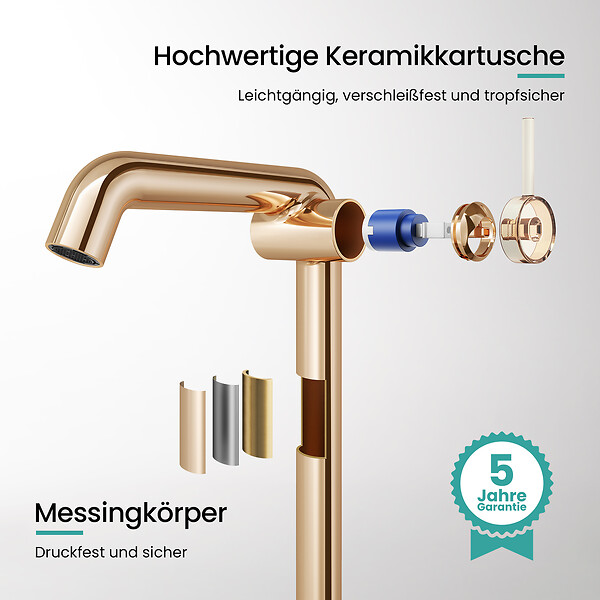 EMKE - EMKE Mitigeur de Lavabo Or Rosé Design, 332 × 220 × 76 mm, Robinet Salle de Bain en Laiton, Cartouche Céramique Longue Durée, Pose Rapid - large