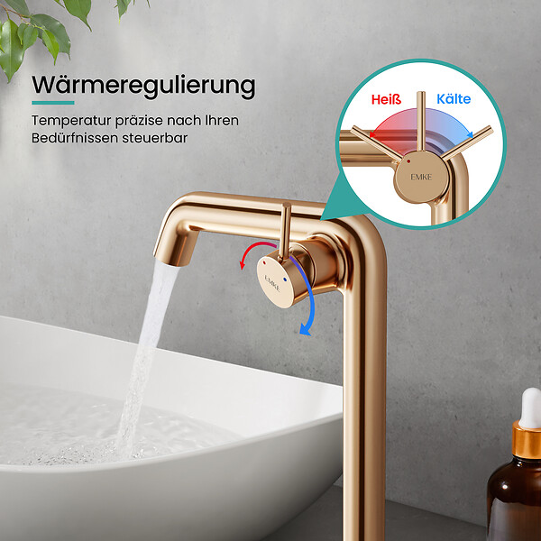 EMKE - EMKE Mitigeur de Lavabo Or Rosé Design, 332 × 220 × 76 mm, Robinet Salle de Bain en Laiton, Cartouche Céramique Longue Durée, Pose Rapid - large