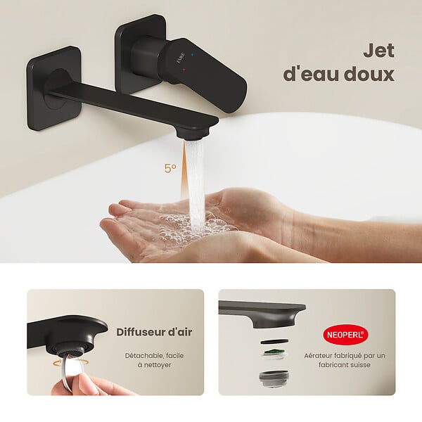 EMKE - EMKE Mitigeur de lavabo mural noir mat, robinet monocommande salle de bain avec aérateur, cartouche céramique, 233 × 127 × 110 mm - large