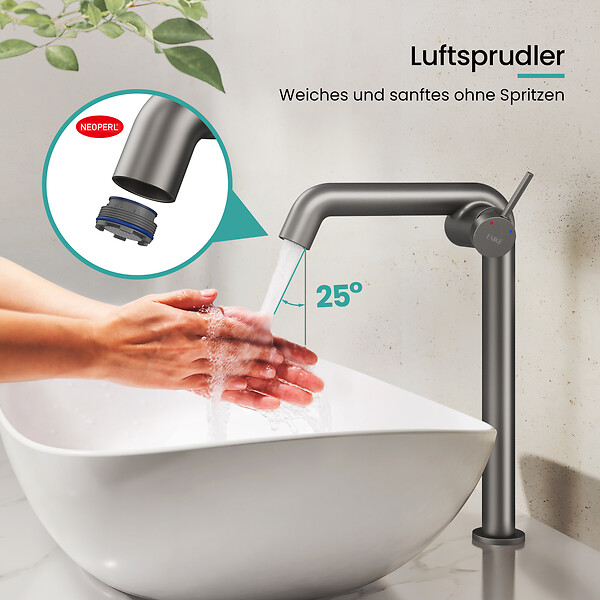 EMKE - EMKE Mitigeur de Lavabo Anthracite Mat Design, 332 × 220 × 76 mm, Robinet Salle de Bain en Laiton, Cartouche Céramique Longue Durée, Pose Rapid - large
