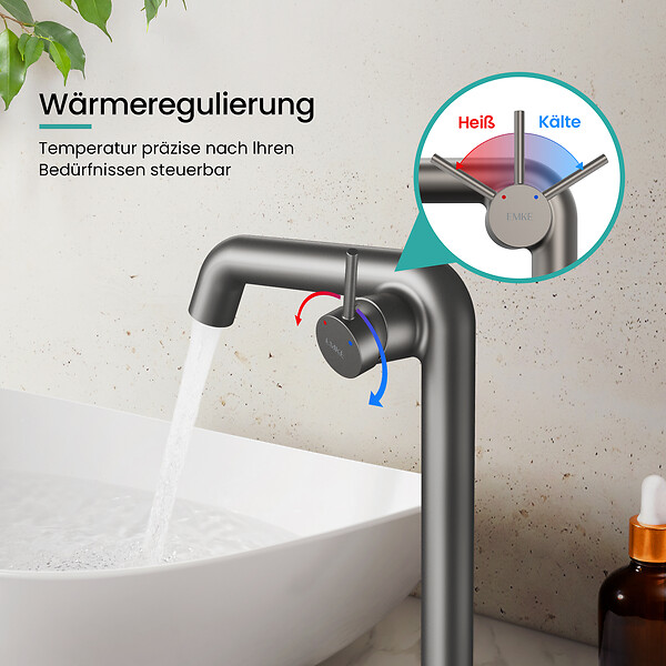 EMKE - EMKE Mitigeur de Lavabo Anthracite Mat Design, 332 × 220 × 76 mm, Robinet Salle de Bain en Laiton, Cartouche Céramique Longue Durée, Pose Rapid - large