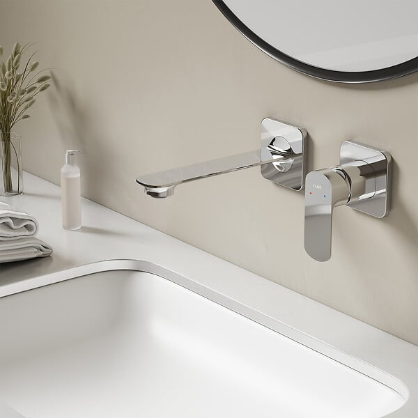 EMKE - EMKE Mitigeur de lavabo mural chromé, robinet monocommande salle de bain avec aérateur, cartouche céramique, 233 × 127 × 110 mm - large