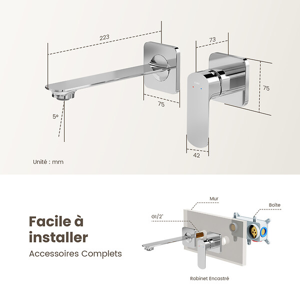 EMKE - EMKE Mitigeur de lavabo mural chromé, robinet monocommande salle de bain avec aérateur, cartouche céramique, 233 × 127 × 110 mm - large