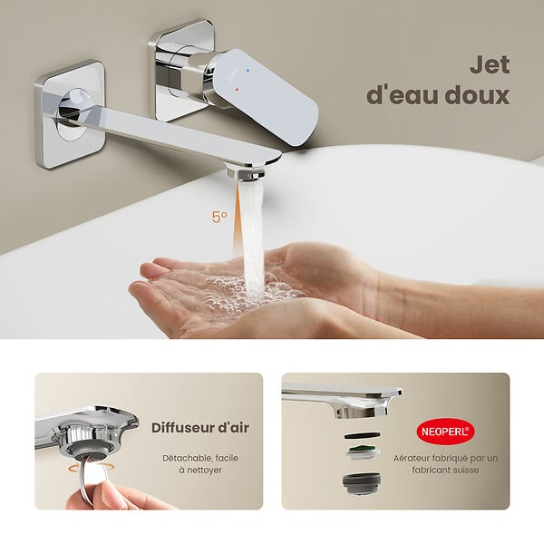 EMKE - EMKE Mitigeur de lavabo mural chromé, robinet monocommande salle de bain avec aérateur, cartouche céramique, 233 × 127 × 110 mm - large