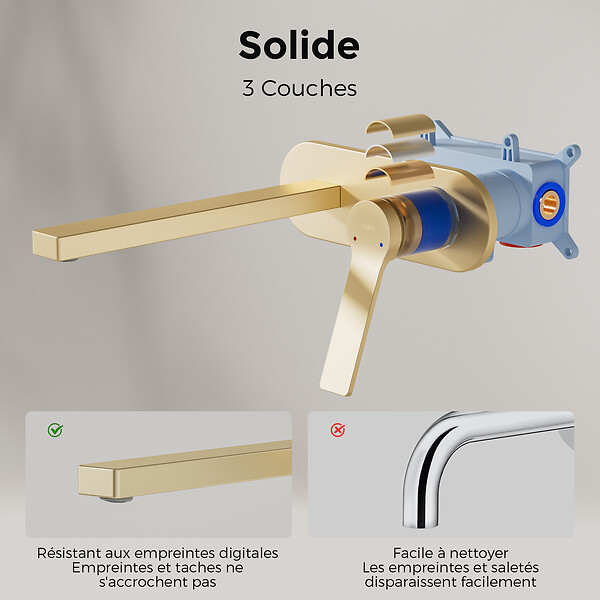 EMKE - EMKE Mitigeur Lavabo Design Séparé, Robinet Mural Or Champagne 288×210×70 mm, Corps en Laiton et Inox 304, Cartouche Céramique Haute Durabilité - large