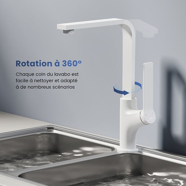 EMKE - EMKE Mitigeur de Cuisine Blanc Mat, Robinet Monocommande Rotatif 360°, 30,3 × 22,5 cm, Design Fin en Acier Inoxydable - large