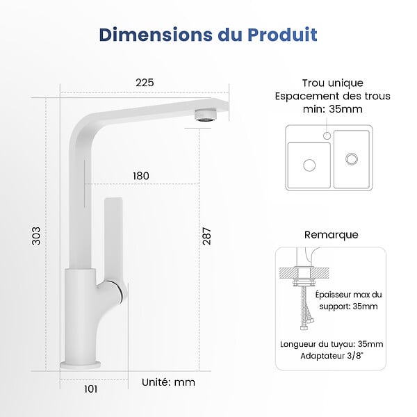 EMKE - EMKE Mitigeur de Cuisine Blanc Mat, Robinet Monocommande Rotatif 360°, 30,3 × 22,5 cm, Design Fin en Acier Inoxydable - large