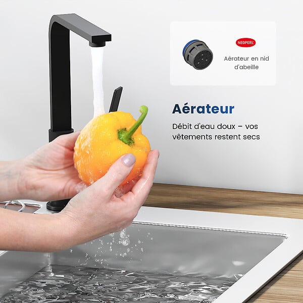 EMKE - EMKE Mitigeur de Cuisine Noir Mat, Robinet Monocommande Rotatif 360°, 30,3 × 22,5 cm, Design Fin en Acier Inoxydable - large