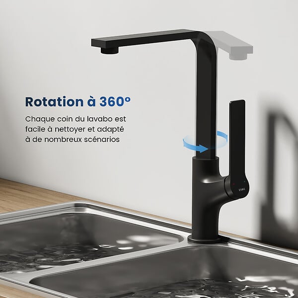 EMKE - EMKE Mitigeur de Cuisine Noir Mat, Robinet Monocommande Rotatif 360°, 30,3 × 22,5 cm, Design Fin en Acier Inoxydable - large