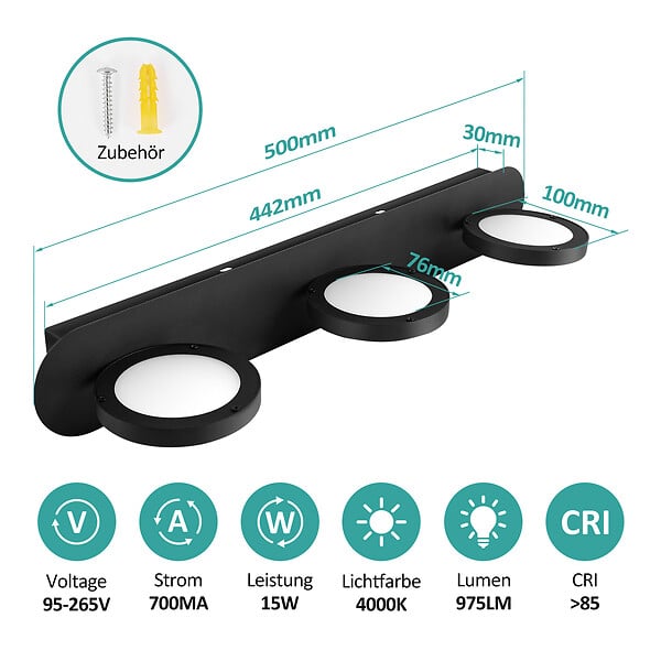 EMKE - EMKE Applique LED murale noire pour salle de bain, éclairage miroir 50 cm, 15 W, lumière neutre 4000 K - large