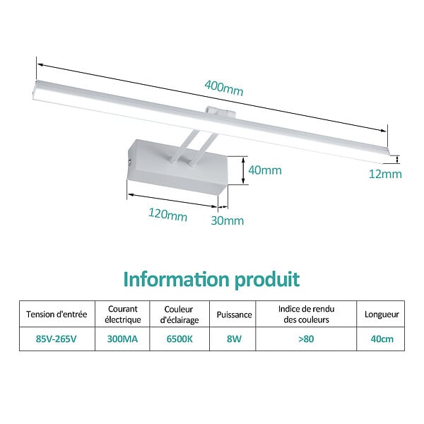 EMKE - EMKE Lampe murale LED pour salle de bain blanc, éclairage miroir 40 × 20 cm, lumière froide 6500 - large