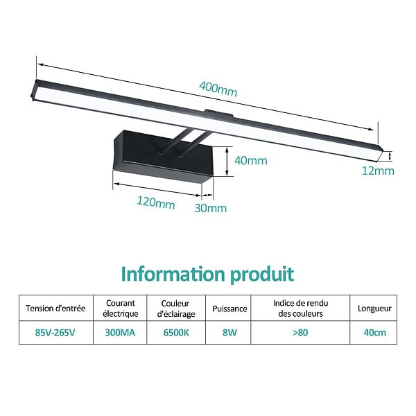 EMKE - EMKE Lampe murale LED pour salle de bain noir, éclairage miroir 40 × 20 cm, lumière froide 6500 - large
