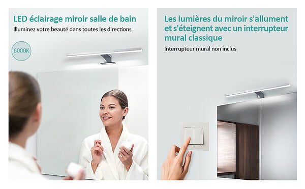 EMKE - EMKE Lampe murale LED salle de bain blanche, éclairage miroir 40 × 15 cm, lumière froide 6000 K, installation multiple - large