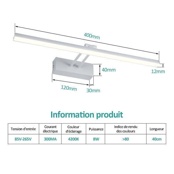 EMKE - EMKE Éclairage LED pour miroir de salle de bain blanc, lampe murale orientable 40 × 20 cm, lumière neutre 4200 K - large