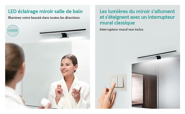 EMKE - EMKE Lampe murale LED salle de bain noir, éclairage miroir 40 × 15 cm, lumière froide 6000 K, installation multiple - large