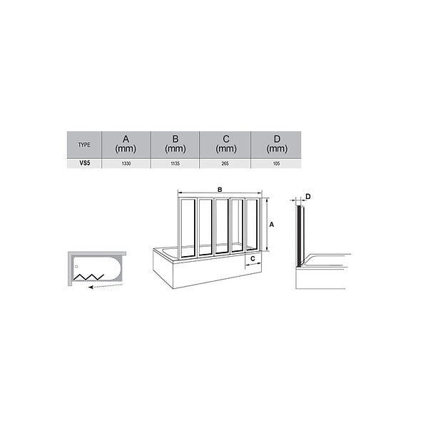 RAVAK - Supernova Pare-baignoire pliable, 5 parties, 133x100cm, Blanc (VS5R0) - large