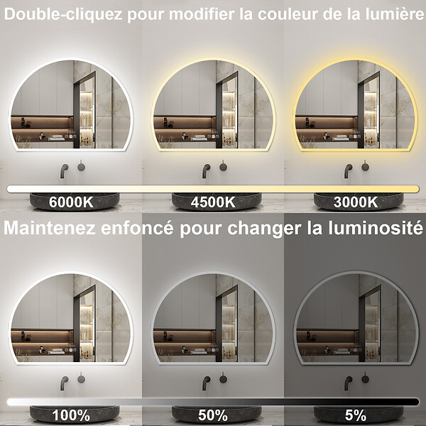 AICA SANITAIRE - AICA Miroir de salle de bain asymétrique 80x60cm led Demi-cercle Mirror 3 Colours Dimmable + Anti-buée + Mémoire - large