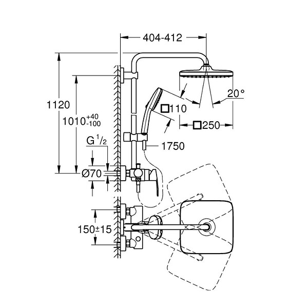 GROHE - Grohe Vitalio Comfort 250 Colonne de douche avec mitigeur monocommande + Douche de tête + Douchette 2 jets, chrome (G26985001) - large