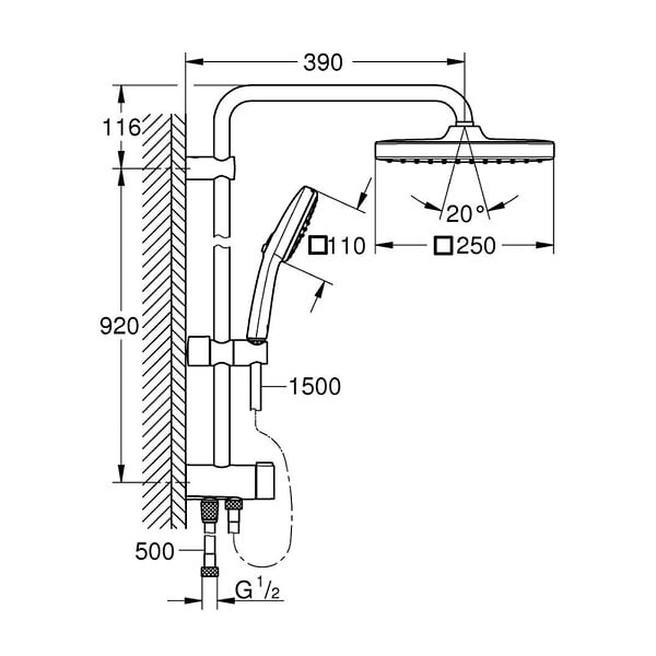 GROHE - Vitalio Comfort 250 Colonne de douche avec inverseur manuel + Douche de tête 2 jets + Douchette 2 jets , chrome (G26986001) - large