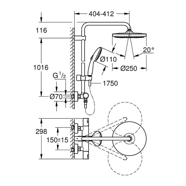 GROHE - Vitalio Start System 250 Colonne de douche avec mitigeur thermostatique + Douche de tête + Douchette 2 jets, chrome (G26677001) - large
