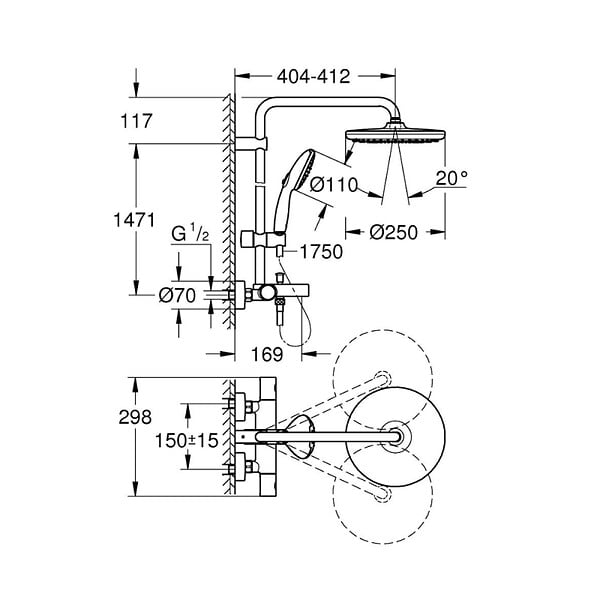GROHE - Vitalio Start System 250 colonne de douche thermostatique bain/douche + douche de tête + douchette à main, noir mat (G269882431) - large