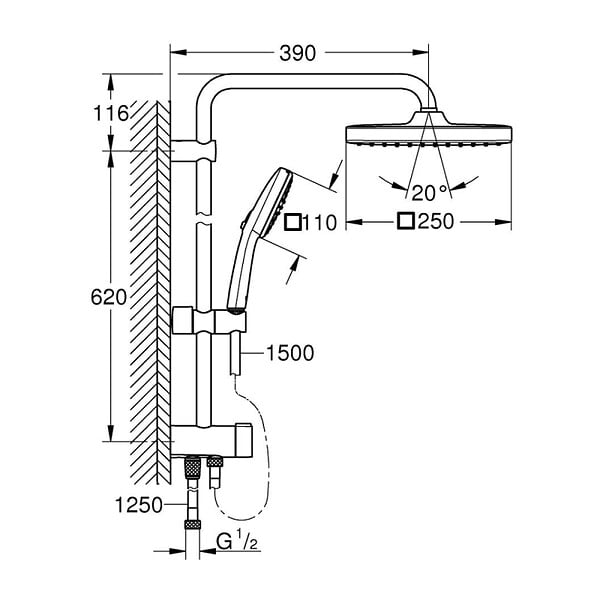 GROHE - Grohe Vitalio Comfort 250 Colonne de douche avec inverseur manuel + Douche de tête 2 jets + Douchette 2 jets, noir mat (G266982431) - large