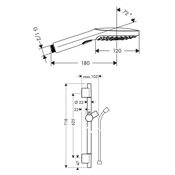 HANSGROHE - Unica Set barre de douche S Puro 65 cm avec flexible + Douchette à main 3 jets Raindance 120 Select E , noir mat (28632670-SET) - large