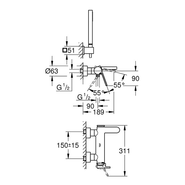 GROHE - GROHE Plus Set mitigeur bain/douche 1/2" + Douchette à main, chrome (G33547003) - large