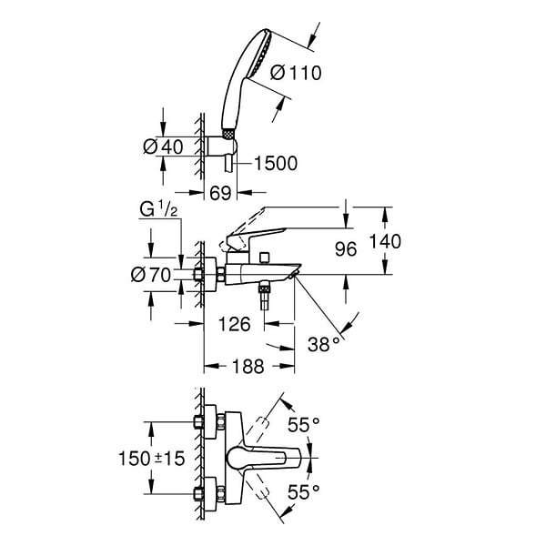 GROHE - Grohe Start Set de douche mitigeur monocommande Bain/Douche + Douchette à main 1 jet + Support mural, chrome (G25283002) - large