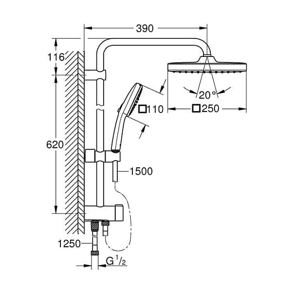GROHE - Vitalio Comfort 250 Colonne de douche avec inverseur manuel + Douche de tête 2 jets + Douchette 2 jets, chrome (G26698001) - large