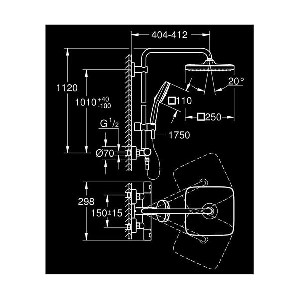 GROHE - Grohe Vitalio Comfort 250 colonne de douche thermostatique + douche de tête + douchette 2 jets, noir mat (G266972431) - large