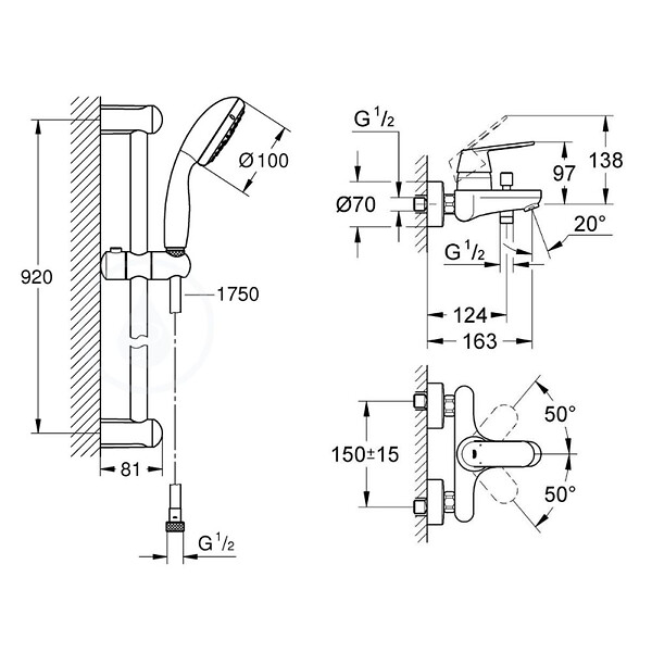 GROHE - Tempesta 100 ensemble de douche complet 3 jets + mitigeur monocommande 1/2" bain/douche, chrome (32831000-28789002) - large