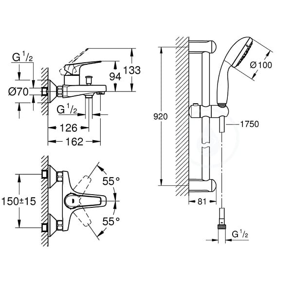 GROHE - Tempesta 100 ensemble de douche complet 3 jets + mitigeur de baignoire 1/2", chrome (23601000-28789002) - large