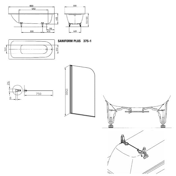 KALDEWEI - 180x80 cm Ensemble baignoire Saniform universelle + Pare baignoire pivotant chrome + pieds ( KW3751-SETP1) - large