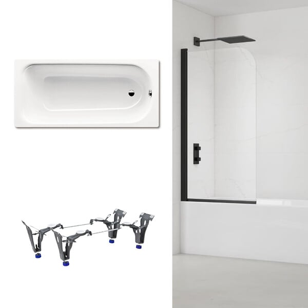 KALDEWEI - Kaldewei 170x75 cm Ensemble baignoire Saniform universelle + Pare baignoire pivotant noir + pieds (KW3731-SETP5) - large