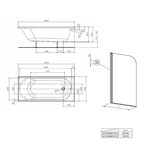 KOLO BY GEBERIT - KOLO by Geberit 170x70 cm Ensemble baignoire Opal Plus universelle + Pare baignoire pivotant chrome + pieds (XWP1270000-SETP) - large