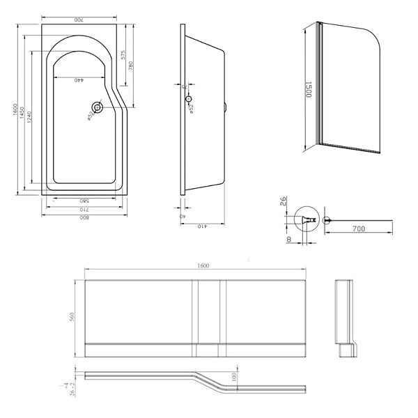 LAGUNA - 160x80 cm Beata Plus baignoire bain douche en acrylique, gauche + tablier + pare-baignoire, pieds, blanc (BE1600LPLUS-SETP1) - large