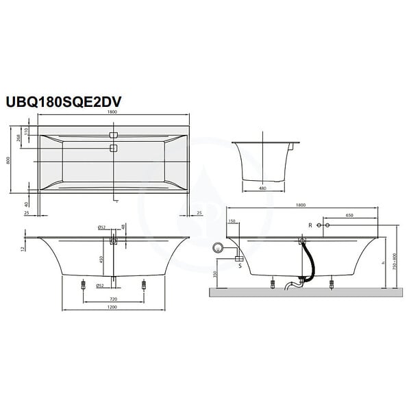 VILLEROY & BOCH - Baignoire rectangulaire Squaro 180x80 cm marbre coulé, sans pieds, blanc (UBQ180SQE2DV-01) - large