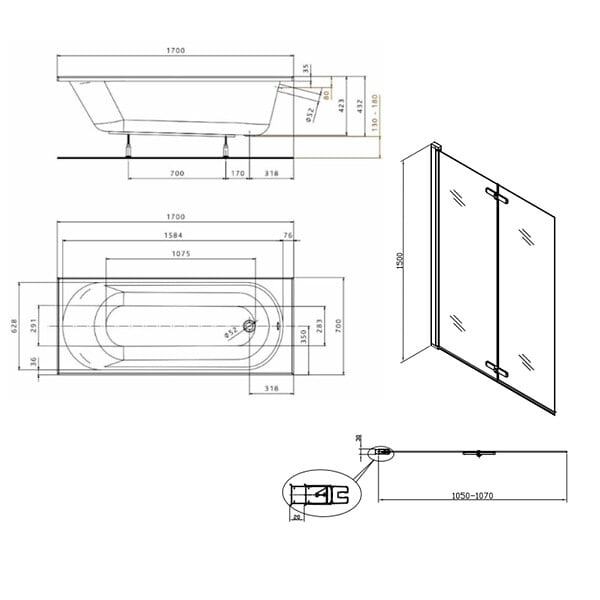 KOLO BY GEBERIT - KOLO by Geberit 170x70 cm Ensemble baignoire Opal Plus universelle +Pare baignoire pliable, 2 volets chrome + pieds (XWP1270000-SETP2) - large