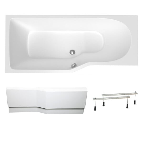 LAGUNA - 160x80 cm Beata Plus baignoire bain/douche asymétrique en acrylique, droite + tablier 160 cm + pieds, blanc (BE1600PPLUS-SET1) - large