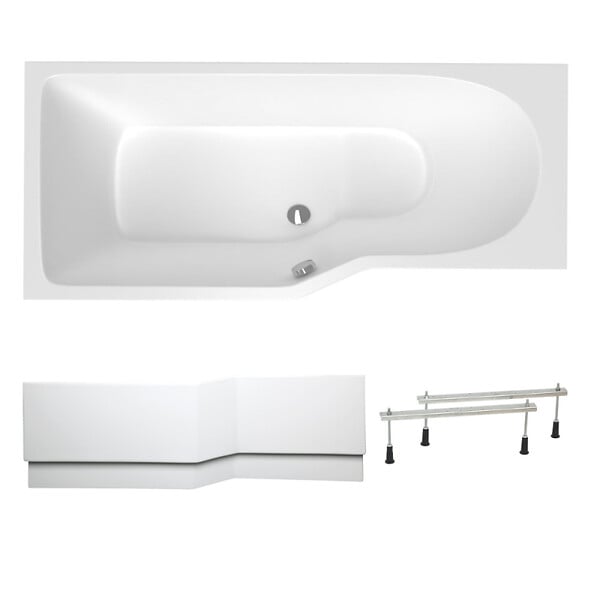 LAGUNA - 160x80 cm Beata Plus baignoire bain/douche asymétrique en acrylique, gauche + tablier 160 cm + pieds, blanc (BE1600LPLUS-SET1) - large