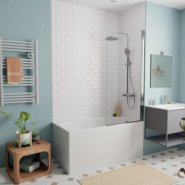 JIKA (GROUPE ROCA) - Jika (Groupe Roca) 120x70 cm Ensemble baignoire Riga universelle + Pare baignoire pivotant chrome + pieds (3402-SETP) - large